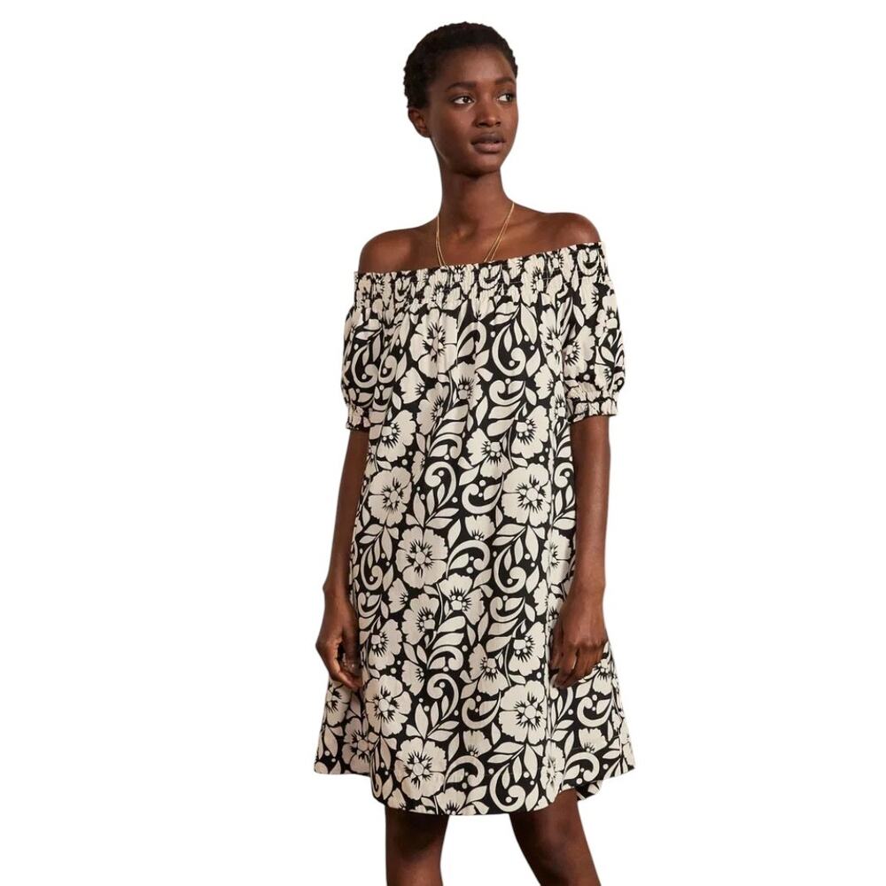 Boden Off Shoulder Short Sleeve Shift Dress Tropical Black White Size 6